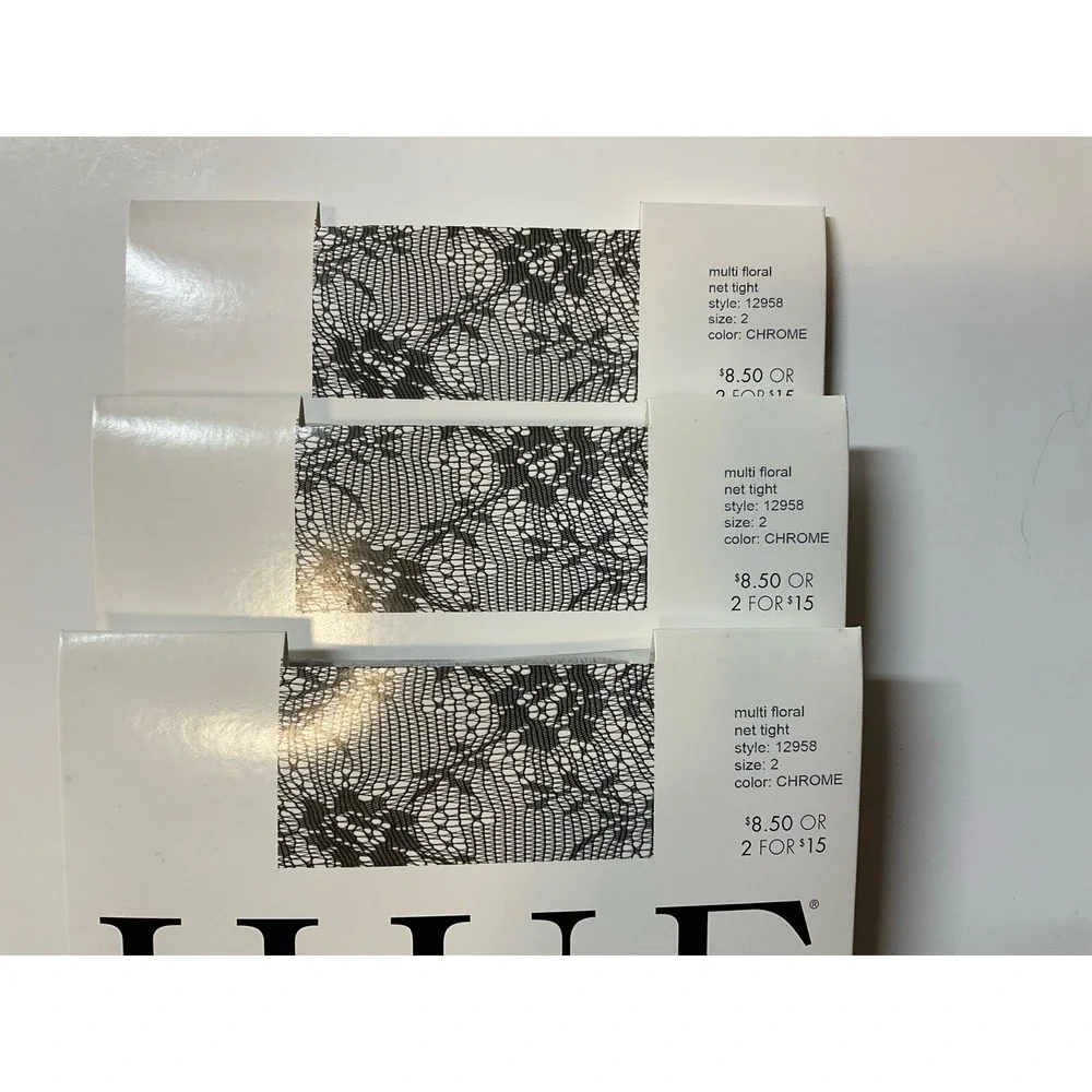 NIP 3 Pairs HUE Gotta Have It! Control‎ Top Tights Floral Net Chrome Gray Size 2